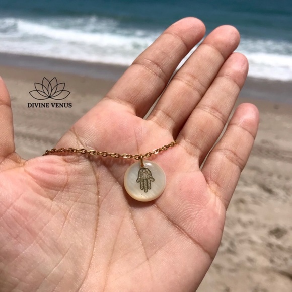 Freshwater Shell Hamsa Necklace | Stainless Steel - Picture 2 of 10